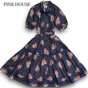 PINK HOUSE ピンクハウス ロングワンピース ティアード 半袖 Aライン レース紐 ベルト付 フリル ドット柄 × 花柄 カネコイサオ ネイビー