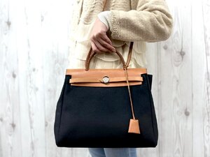 極美品 HERMES エルメス エールバッグPM トートバッグ ハンドバッグ ショルダーバッグ トワルオフィシエ×レザー 黒 2WAY 79936Y