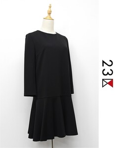 R-D434/美品 23区 VERY MERRY DRESS ひざ丈ワンピース ドレス フレア ストレッチ 長袖 9分袖 クルーネック 38 M 黒 ブラック 春秋