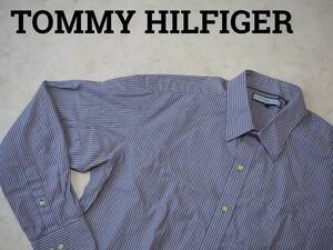 ☆送料無料☆ TOMMY HILFIGER トミーヒルフィガー USA直輸入 古着 長袖 ストライプ ITHACA シャツ メンズ Ｌ グレーブルー トップス 中古 