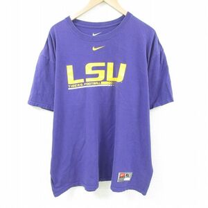 XL/古着 ナイキ NIKE 半袖 Tシャツ メンズ LSU フットボール 大きいサイズ コットン クルーネック 紫 パープル 23aug16 中古