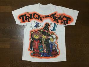 ビンテージ 90s TRICK OR TREAT 大判プリント Tシャツ ハロウィン イラスト クマ 熊 BEAR 黒猫 パンダ シングルステッチ 魔女 NY