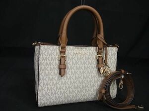 1円 ■極美品■ MICHAEL KORS マイケルコース MK柄 PVC×レザー 2WAY ハンドバッグ ショルダー 斜め掛け アイボリー系×ブラウン系 FA8666