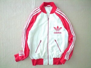 即決 希少 フィンランド製 80s ヴィンテージ adidas レアデザイン ナイロン 裏パイル デカロゴ JKT ジャージ 46 Lサイズ 赤x白