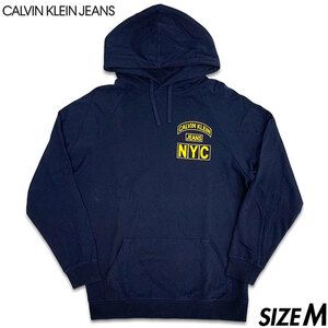 国内正規品■CALVIN KLEIN JEANS (カルバンクライン) NYC ロゴ プリント 長袖スウェットパーカー M 紺ネイビー/イエロー