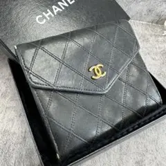 CHANEL 二つ折り財布　ビコローレ　マトラッセ　ラムスキン　ココマーク　黒