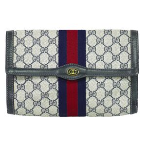 本物 グッチ GUCCI オールドグッチ シェリーライン GGスプリーム クラッチバッグ セカンドバッグ ベージュ ネイビー