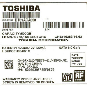 TOSHIBA製HDD DT01ACA050 500GB SATA600 7200 [管理:20343858]