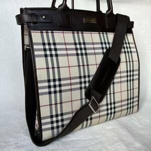 美品　バーバリー【ノバチェック　2WAY】BURBERRY トートバッグ　ショルダーバッグ　ロゴ金具　レザー　大容量　レディース　メンズ