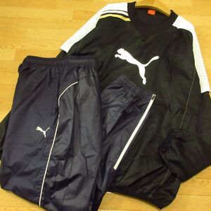 ◎美品！L 上下セット！PUMA プーマ サッカー◆厚手 裏起毛 ウィンドブレーカー ピステ&パンツ 防寒 秋冬！◆メンズ 黒x紺◆BA1279