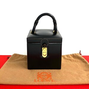 極 美品 希少品 袋付き LOEWE ロエベ ヴィンテージ アナグラム ロゴ 金具 レザー 本革 ハンドバッグ バニティバッグ ブラック 黒 46450