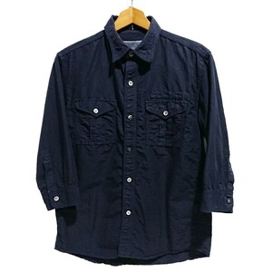 即決価格！！【Linen Fabric 417 By edifice★エディフィス】リネン麻綿生地 フレンチミリタリー 七分丈七分袖 シャツ☆製品染め紺ネイビー