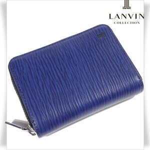 新品1円～★LANVIN COLLECTION ランバン コレクション メンズ 牛革レザー 本革 二つ折り財布 ミニウォレット ネイビー ギフトに♪◆4384◆