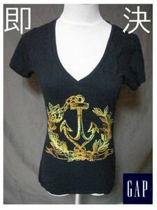 即決 USA正規店購入GAP大胆Vネック袖短TシャツUS Sサイズ(Navy)