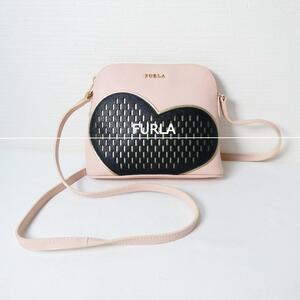 ほぼ美品 FURLA フルラ レザー メッシュ ハート柄 ミニ ショルダーバッグ ポシェット ピンク