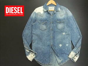 ■DIESEL■デニム地長袖ウェスタンシャツ Sサイズ ブリーチ加工 グランジ ダメージ ディーゼル