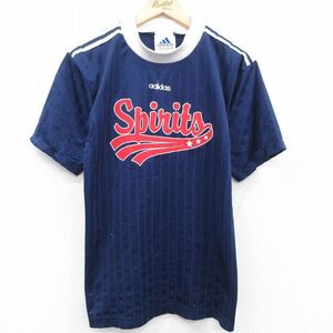 M/古着 アディダス adidas 半袖 ビンテージ サッカー Tシャツ メンズ 90s Spirits クルーネック 紺他 ネイビー 3本ライン ストライプ 2