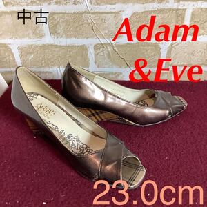 【売り切り!送料無料!】A-260 Adam&EVe!ウェッジソールパンプス!ブラウン系!チェック柄!23.0cm!オープントゥ!中古!