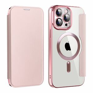 9H強化ガラスフィルム付きiPhone 15 pro max クリアケース アイフォン15 プロ マックス レザーケース 透明 MagSafe充電 手帳型 ピンク