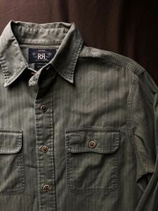 【名作】極美品 RRL SHADOW STRIPE WORK SHIRT ダブルアールエル ストライプ オリーブ カーキ ワーク シャツ ラルフローレン XS