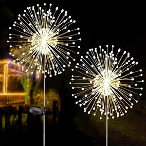 ソーラーガーデンライト２個 花火型 120LED イルミネーションライト LEDストリングライト 夜間自動点灯 ガーデンデコレーション ゴールド