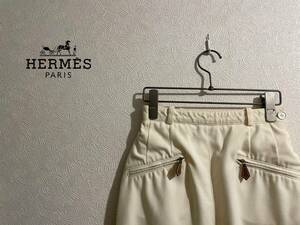 ◯ フランス製 Vintage HERMES レザー トップ タイト スカート / エルメス ペンシル ミニ コットン ホワイト 白 36 Ladies #Sirchive