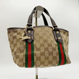 美品 1円 グッチ GUCCI ミニ トートバッグ キャンバス GG シェリーライン チャーム レザー レディース ハンドバッグ ブラウン ホースビット