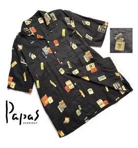 美品【定価3万超】Papas パパス リネン 半袖シャツ L(50) メンズ 総柄 ライター ジッポ【夏の定番モデル】麻 高清涼感 送料370円 日本製 黒