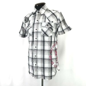 美品★BADBOY/バッドボーイ★シワ加工/半袖ウエスタンシャツ【メンズL/gray/グレー/チェック柄】スナップボタン/Tops/Shirts◆BH839