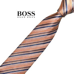 ★やや細め★ HUGO BOSS 高級ネクタイ ストライプ柄 レジメンタル柄 オレンジ系 ヒューゴボス USED メンズ服飾小物 中古 t944