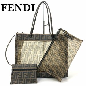 超美品 FENDI フェンディ ズッカ柄 メッシュ トートバッグ ショルダーバッグ ポーチ セット FFロゴ 茶系 大きめ 正規品 本物保証 最落無