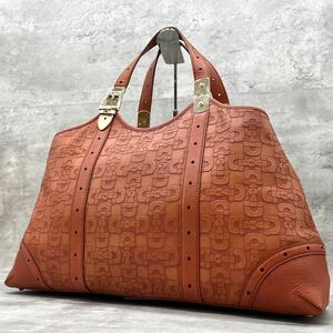 ◆ 美品/ 大容量 ◆ GUCCI グッチ トートバッグ ビジネスバッグ 肩掛 メンズ ブリーフケース ◆ エンボス GG ◆ オレンジ系 ◆ レザー 本革