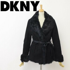 ◆DKNY/ダナキャラン ウエストベルト付 羊革 ラムレザー ムートン コート ブラック 4