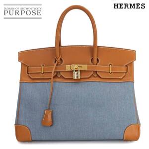 エルメス HERMES バーキン35 ハンド バッグ トワルジーン レザー ブルー ブラウン □B刻印 ゴールド 金具 Birkin 90258270