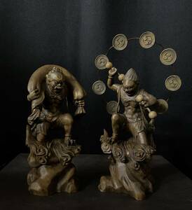 仏教工芸品　総柘植材　時代彫刻　古美術　木彫仏教　精密彫刻 仏師で仕上げ品　風神雷神図