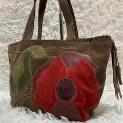 COACH コーチ ハンドバッグ スエード ブラウン パッチワーク 花 9258