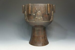 ●古銅【円柱形　香炉・花器】銅器　幾何学文様 六耳　高さ２１㎝ 骨董品 中国唐物古玩彫刻 唐銅 蔵出し「骨董品買取」《小川処堂》