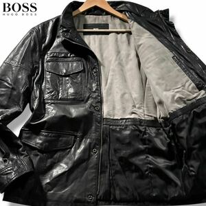 美品/XLサイズ●ヒューゴボス ゴートレザー ジャケット ライダース ブルゾン HUGO BOSS 山羊革 フード収納式　黒 ブラック 大谷翔平 50