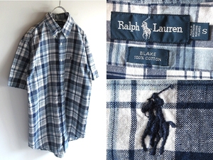 希少 90sビンテージ Ralph Lauren ラルフローレン BLAKE ポロポニーロゴ刺繍 コットン チェック 半袖 BDシャツ S 紺 北マリアナ諸島/USA製