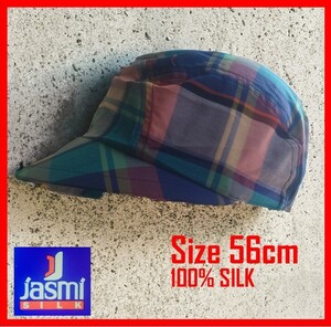 jasmi silk ブルーグリーン基調 チェック柄 ツバ大きめ ワークキャップ 56cm 日除け帽子 シルク 絹 100% 帽子②