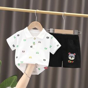 ♪ｍineka♪ベビークマ柄シャツ+パンツ2点セット 半袖Tシャツ ショートパンツ クマプリント 子供服 綿製 普段着 ホワイト 80CM 211651/5T