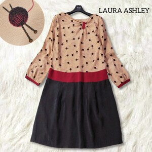 39 【LAURA ASHLEY】 ローラアシュレイ 大人可愛い 毛糸柄 ワンピース 2 ベージュ レッド グレー 膝丈 ひざ丈 シルク レトロ 光沢感 総柄 