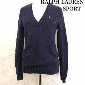 ★ RALPH LAUREN SPORT ラルフローレン スポーツ ネイビー×ピンク ポニー 刺繍 ケーブルニット Vネック ニット セーター S 160/84A ★ 