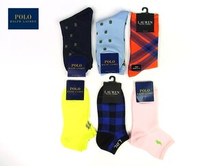 ◆未使用・タグ付◆POLO RALPH LAUREN/ポロ ラルフローレン◆靴下×6足◆22～24cm◆ショート◆ピンク/水色/紺/黄/赤/蛍光◆ゆったり◆