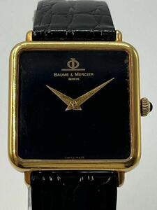 ボームアンドメルシェ BAUME&MERCIER スクエア 37099 YG×革 手巻き 黒文字盤 cal.1050 18K 750 ヴィンテージ 稼働品