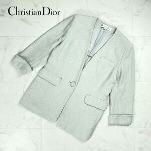 Christian Dior クリスチャンディオール シルク ツイード ノーカラージャケット 総裏 レディース グリーン系 黄緑 サイズL*OC126