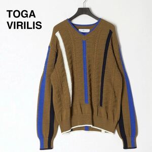 【新品】即決★TOGA VIRILISトーガビリリース★コットン ニット セーター Ｖネック カーキ ストライプ 48 （L）長袖 ハイクオリティ 人気