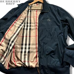 極美品/XLサイズ相当●バーバリー ブリット ナイロンジャケット ブルゾン BURBERRY BRIT ダブルジップ 胸元ホースロゴ 裏地ノバチェック 紺