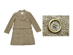 レア 美品 vintage CHANEL 01A ツイード ロング コート ココマーク ボタン 16個 P18340V10557 tweed coat CC logo ベルト付 ジャケット