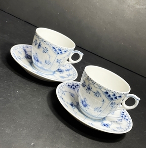 ● ROYAL COPENHAGEN ロイヤルコペンハーゲン ブルーフルーテッド ハーフレース カップ&ソーサー 2客 コーヒーカップ 茶器 洋食器 YK252